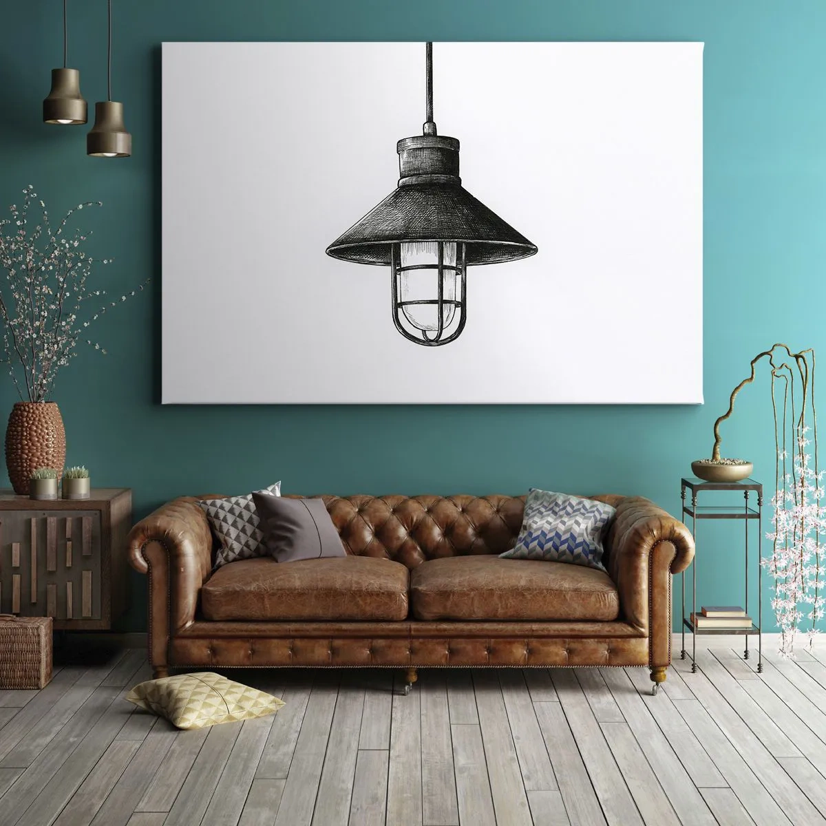 Impression sur toile - Image sur toile - Dessin d'une lampe suspendue rétro sur fond blanc - 100x70cm - Comme il y a des années… - Décoration murale moderne pour le salon et la chambre ARTTOR