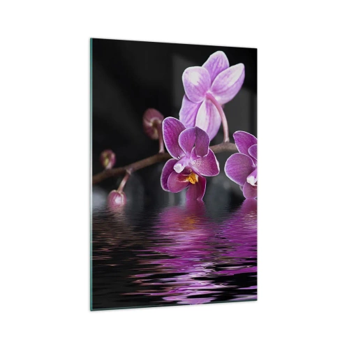 Impression sur verre - Image sur verre - Orchidées violettes sur une eau calme sur fond noir - 70x100cm - Reflet lilas de la beauté - Décoration murale moderne pour le salon et la chambre ARTTOR