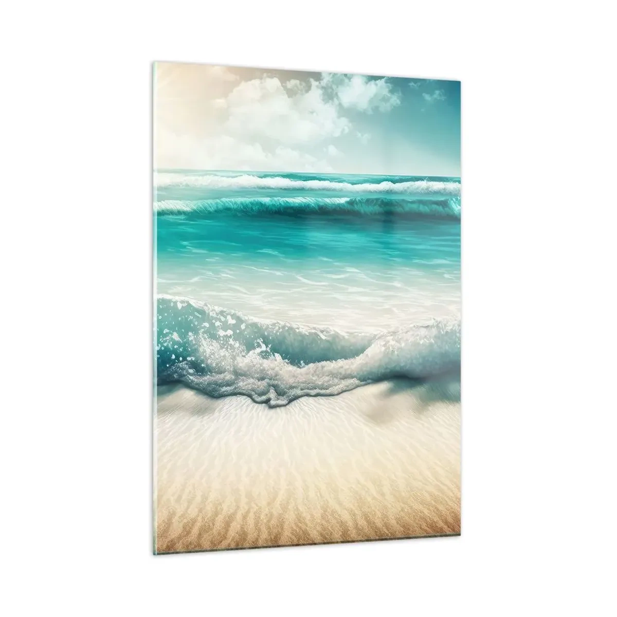 Impression sur verre - Image sur verre - Vagues turquoise de l'océan venant lécher une plage de sable - 50x70cm - La paix de l'océan - Décoration murale moderne pour le salon et la chambre ARTTOR