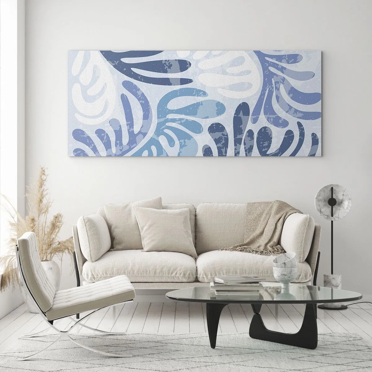 Impression sur verre - Image sur verre - Formes abstraites dans des tons de bleu sur fond blanc - 140x50cm - Fougères bleues - Décoration murale moderne pour le salon et la chambre ARTTOR