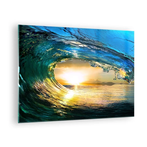 Impression sur verre - Image sur verre - Une vague de l'océan capturée dans la lumière du soleil couchant - 70x50cm - Dans un éclat émeraude-or - Décoration murale moderne pour le salon et la chambre ARTTOR