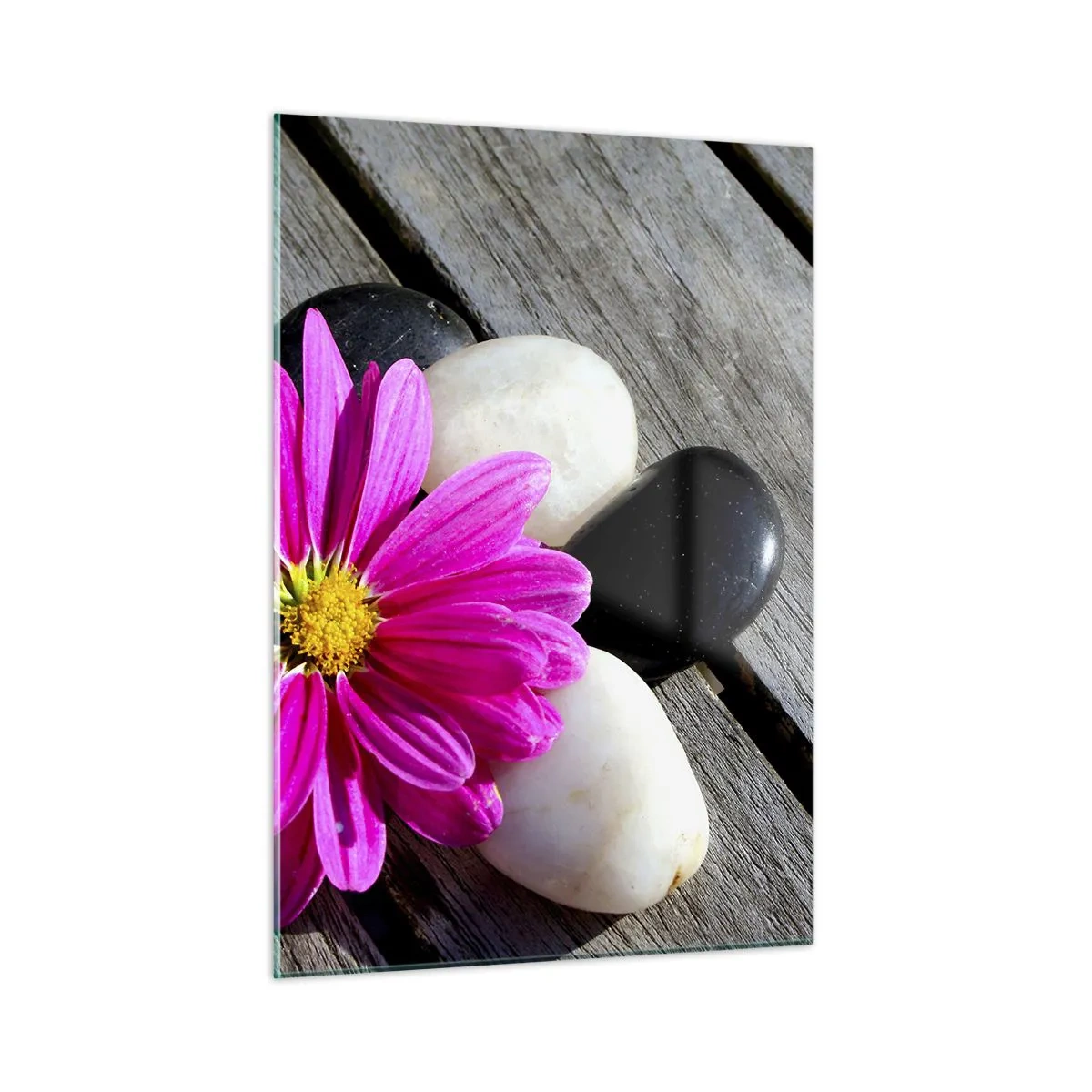 Impression sur verre - Image sur verre - Fleur rose avec des pierres sur un fond en bois - 50x70cm - Repos sur la jetée - Décoration murale moderne pour le salon et la chambre ARTTOR