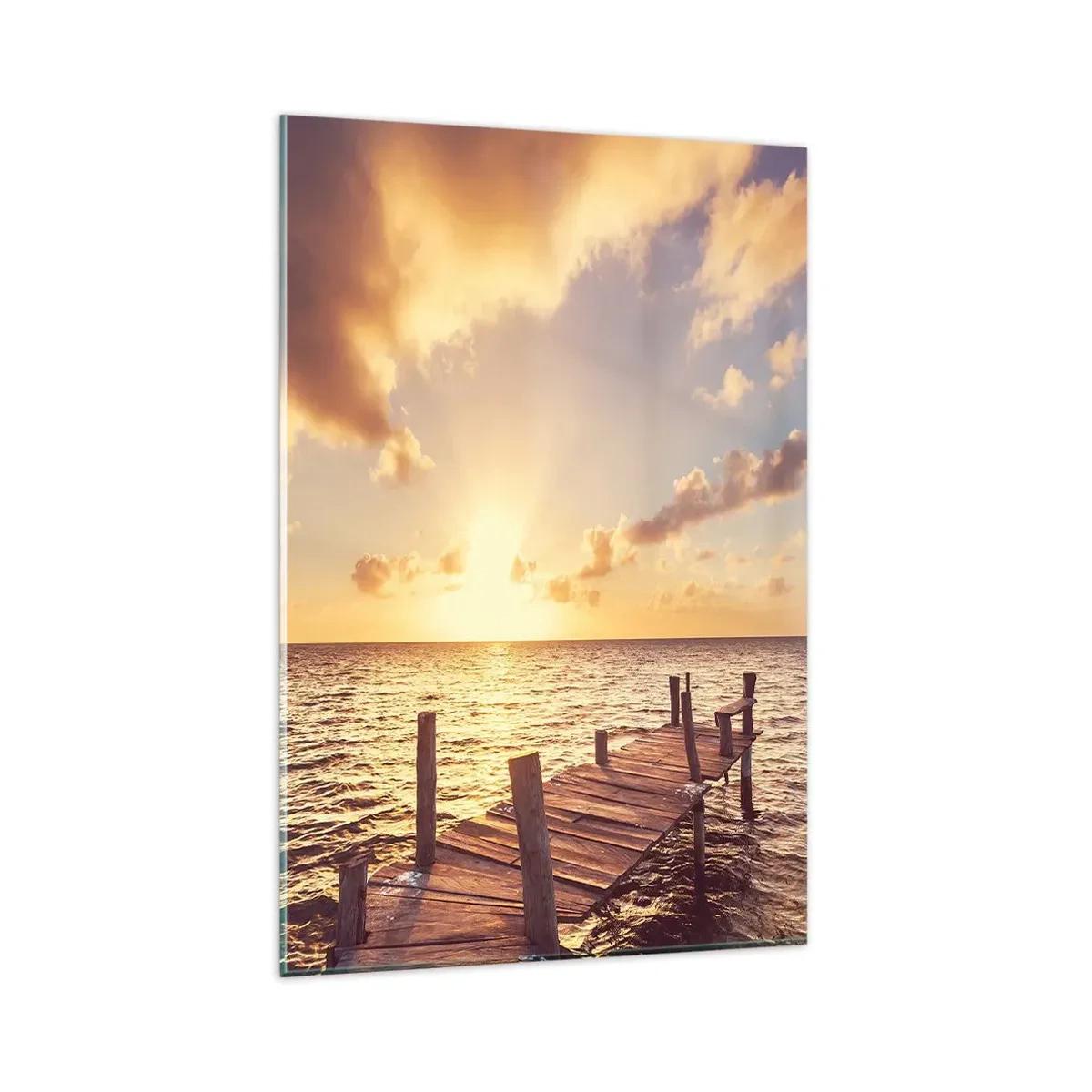 Impression sur verre - Image sur verre - Une jetée en bois menant vers le coucher du soleil - 80x120cm - La terre d'or de la douceur - Décoration murale moderne pour le salon et la chambre ARTTOR