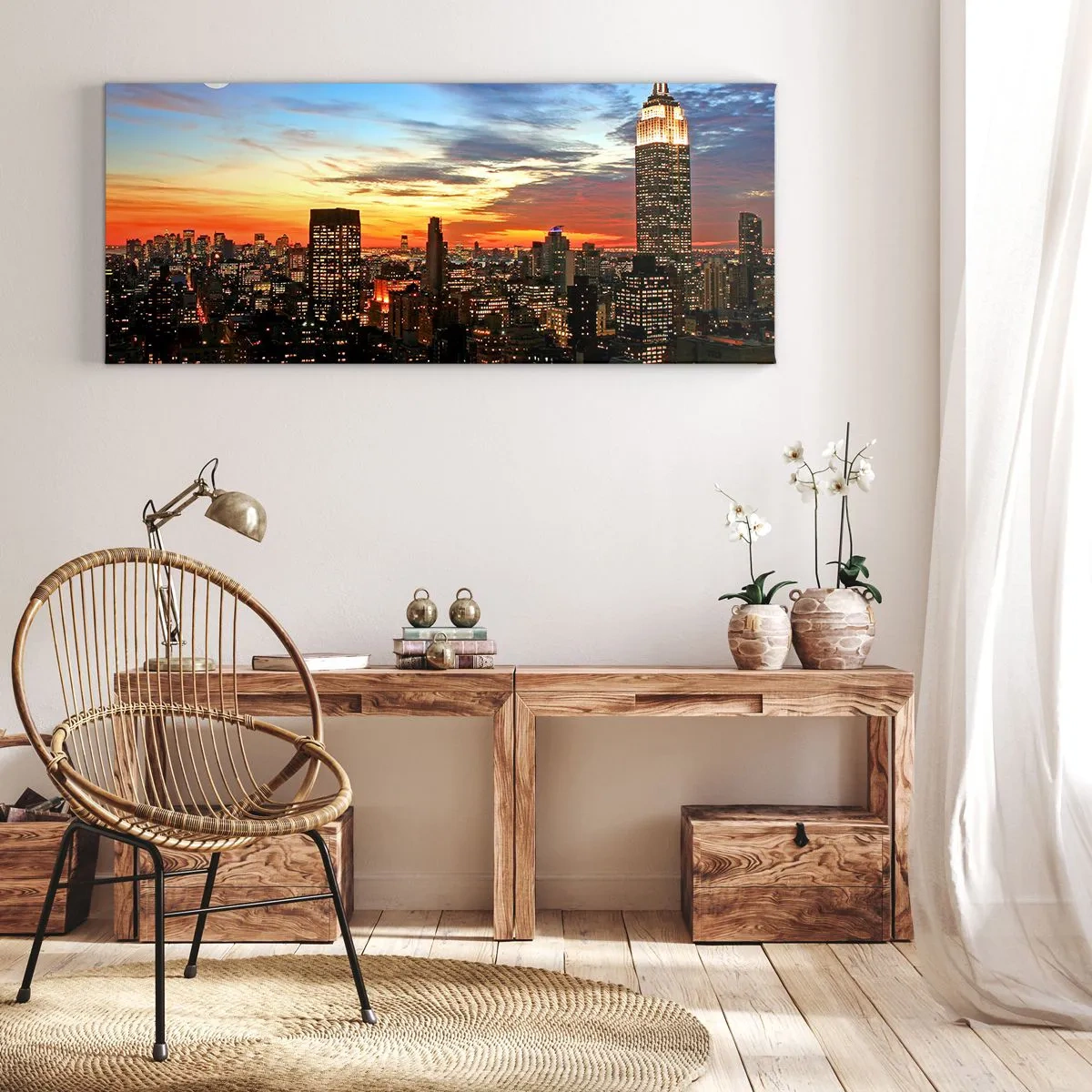 Impression sur toile - Image sur toile - Panorama de la ville avec des gratte-ciel illuminés au crépuscule - 140x50cm - Nuit américaine lumineuse - Décoration murale moderne pour le salon et la chambre ARTTOR