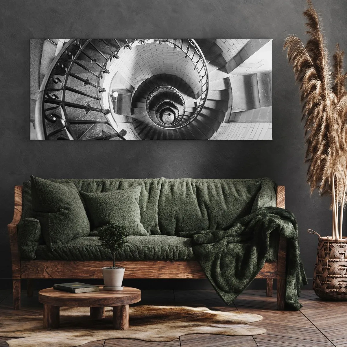 Impression sur toile - Image sur toile - Photographie en noir et blanc d'un escalier en colimaçon avec une perspective de haut en bas - 120x50cm - De plus en plus haut - Décoration murale moderne pour le salon et la chambre ARTTOR