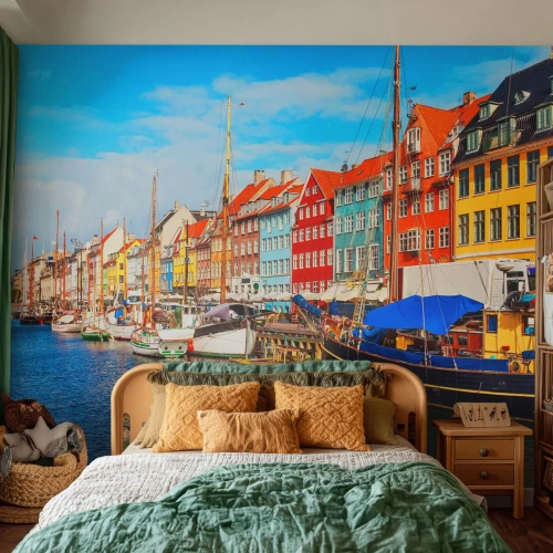 Papier Peint Photo Premium Sand - Quai joyeux - Copenhague, Vieille ville, Architecture - 150x105 cm