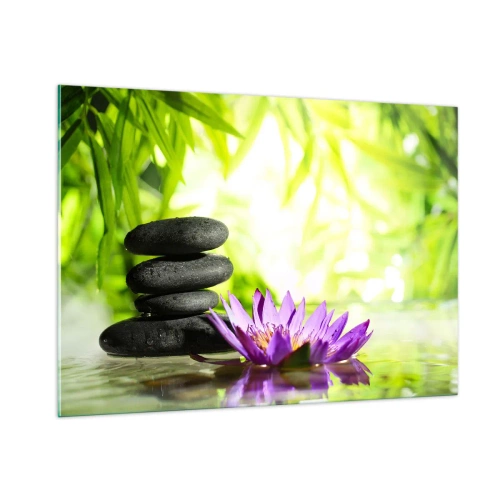 Impression sur verre - Image sur verre - Fleur de lotus violette avec des pierres zen sur fond vert - 100x70cm - Dans un buisson de bambou - Décoration murale moderne pour le salon et la chambre ARTTOR