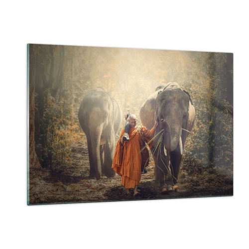 Impression sur verre - Image sur verre - Un moine avec deux éléphants dans un décor forestier - 120x80cm - Compréhension totale - Décoration murale moderne pour le salon et la chambre ARTTOR