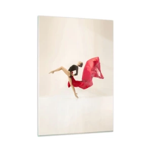 Impression sur verre - Image sur verre - Une danseuse dans un saut dynamique avec du tissu rouge - 50x70cm - Rouge et noir - Décoration murale moderne pour le salon et la chambre ARTTOR