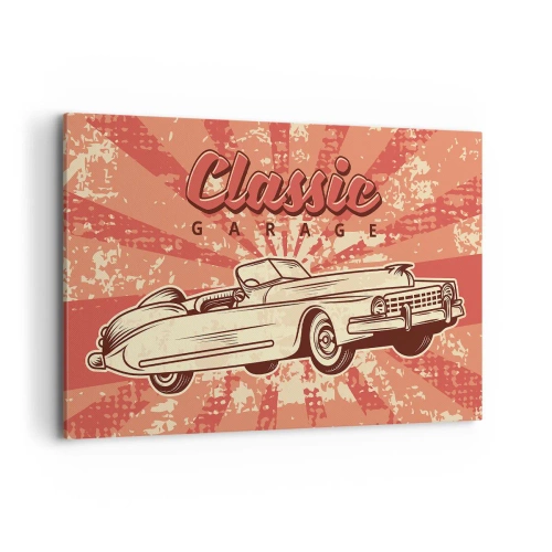 Impression sur toile - Image sur toile - Affiche rétro avec une voiture classique et les mots Classic Garage - 120x80cm - Et à la radio, Elvis - Décoration murale moderne pour le salon et la chambre ARTTOR