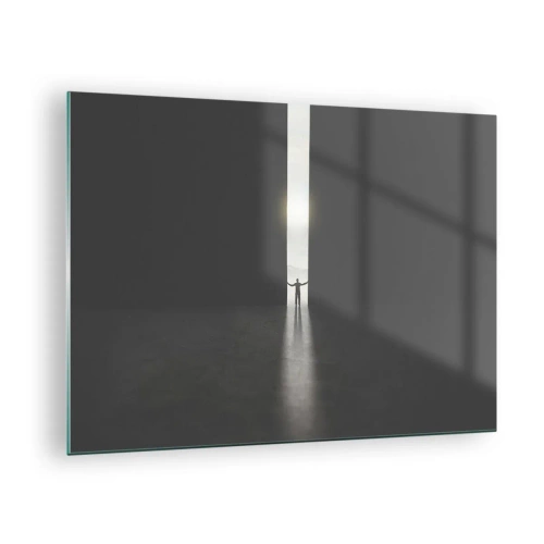 Impression sur verre - Image sur verre - Silhouette d'un homme ouvrant une porte sur une lumière vive - 70x50cm - Étape vers un avenir radieux - Décoration murale moderne pour le salon et la chambre ARTTOR