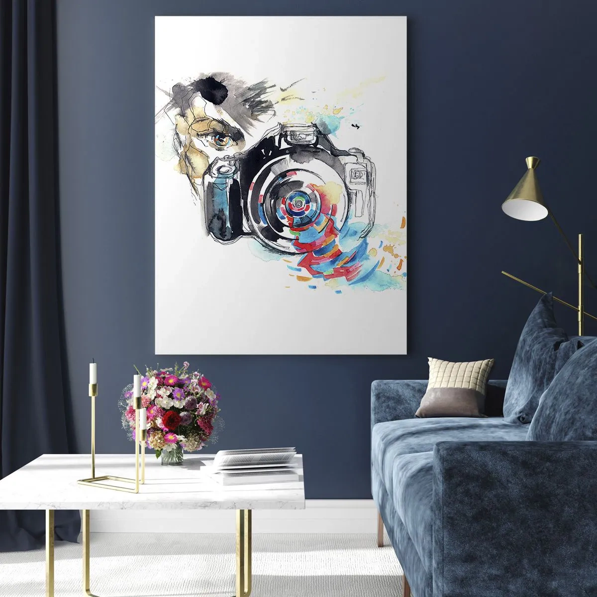 Impression sur verre - Image sur verre - Appareil photo aquarelle avec des détails colorés - 80x120cm - Dans l'oeil de l'objectif - Décoration murale moderne pour le salon et la chambre ARTTOR