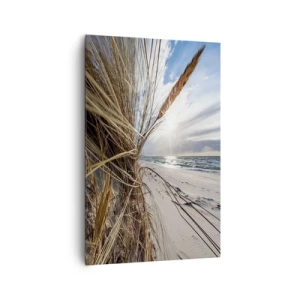 Impression sur toile - Image sur toile - Une plage avec de l'herbe sèche sur les dunes et une vue sur la mer - 80x120cm - Rencontre des éléments - Décoration murale moderne pour le salon et la chambre ARTTOR