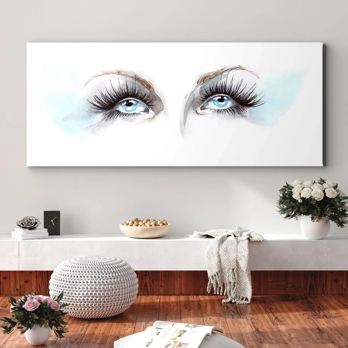 Impression sur toile - Image sur toile - Aquarelle aux yeux bleus et aux accents délicats - 140x50cm - Yeux d'ange? - Décoration murale moderne pour le salon et la chambre ARTTOR