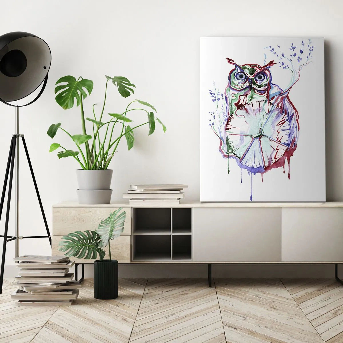 Impression sur toile - Image sur toile - Chouette aquarelle colorée dans un style artistique - 50x70cm - Sage par nature - Décoration murale moderne pour le salon et la chambre ARTTOR