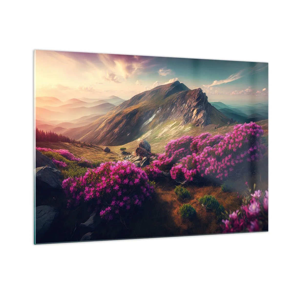 Impression sur verre - Image sur verre - Paysage de montagne d'été avec bruyère rose en fleurs - 100x70cm - L'été à la montagne - Décoration murale moderne pour le salon et la chambre ARTTOR