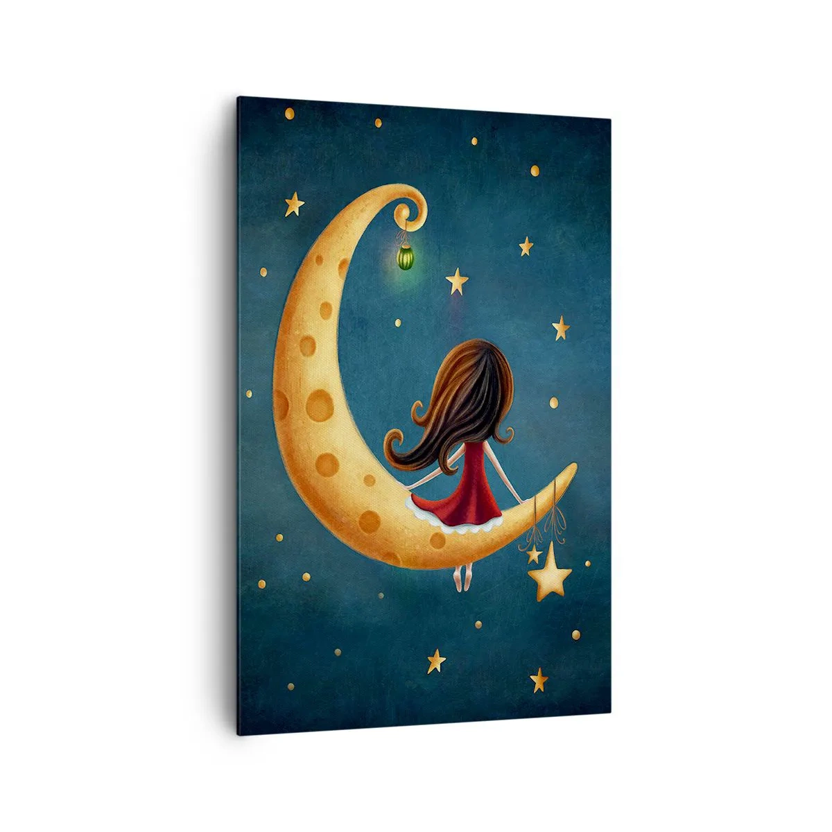 Impression sur toile - Image sur toile - Une fille sur la lune entourée d'étoiles - 80x120cm - Il était une fois... - Décoration murale moderne pour le salon et la chambre ARTTOR