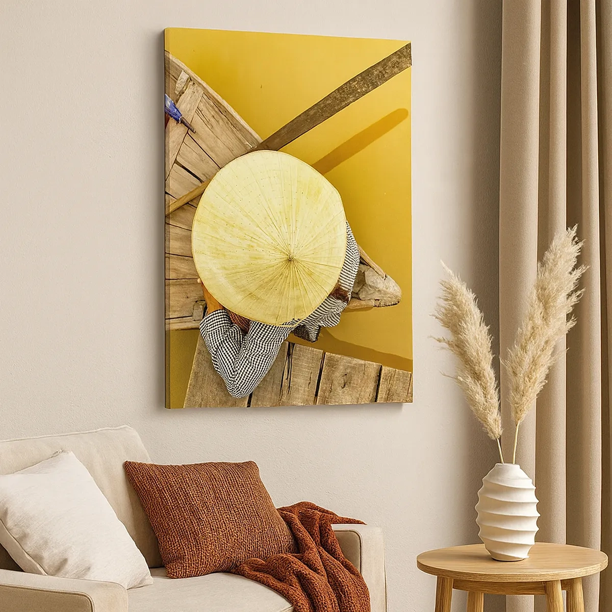 Impression sur toile - Image sur toile - Un bateau traditionnel vu à vol d'oiseau - 50x70cm - La vie sur le fleuve Jaune - Décoration murale moderne pour le salon et la chambre ARTTOR