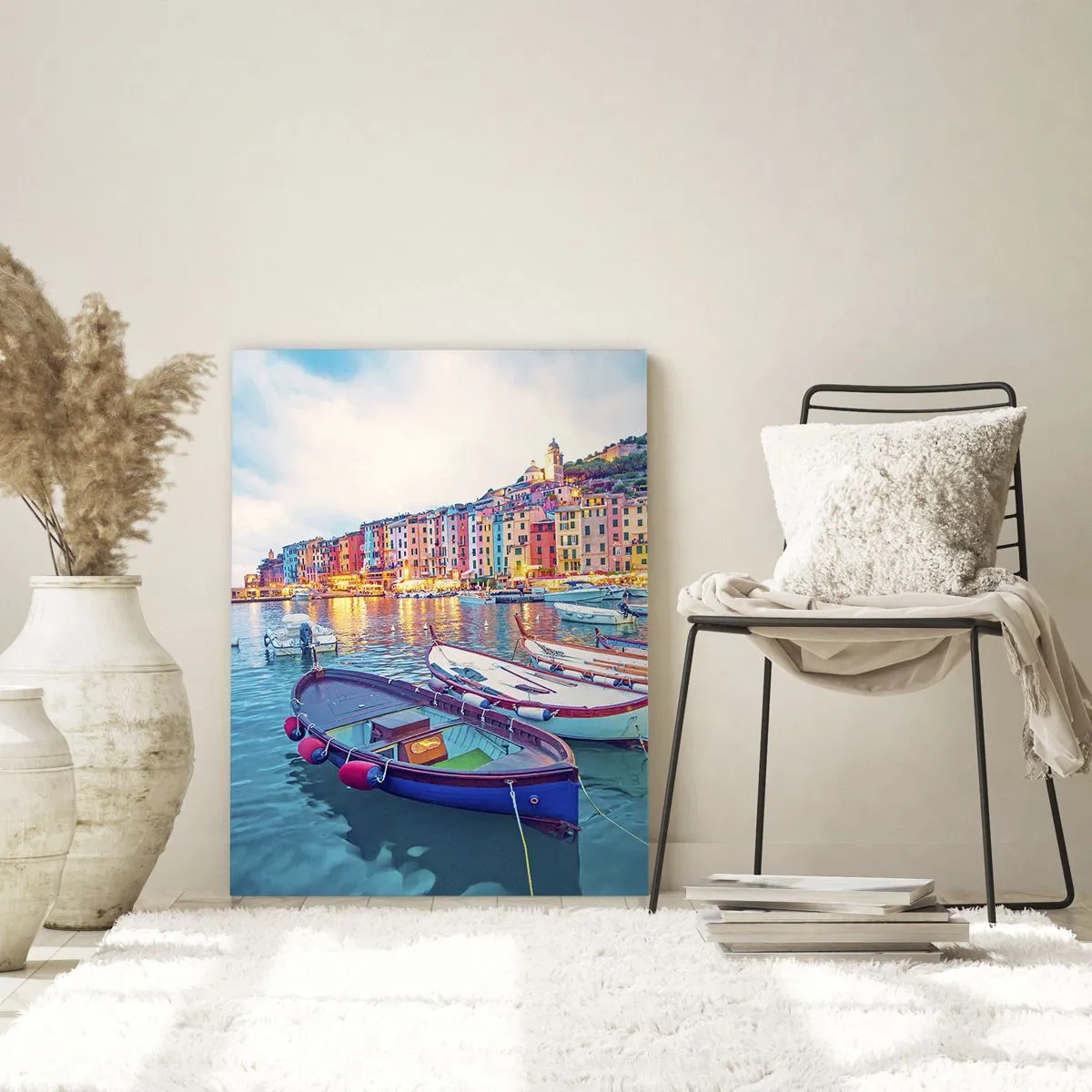 Impression sur verre - Image sur verre - Une ville portuaire colorée avec des bateaux dans le port - 80x120cm - Soirée colorée au port - Décoration murale moderne pour le salon et la chambre ARTTOR