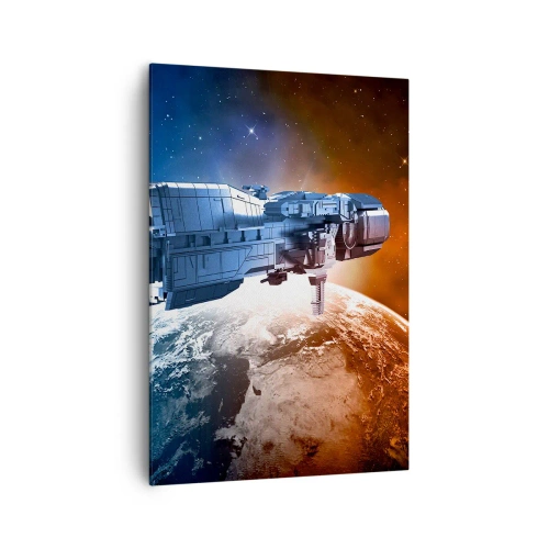 Impression sur toile - Image sur toile - Un vaisseau spatial avec en arrière-plan une planète dans l'espace - 70x100cm - Un observateur attentif - Décoration murale moderne pour le salon et la chambre ARTTOR