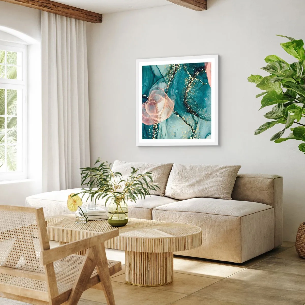 Affiche dans un cadre blanc - Poster - Soie bleu, tulle rose - 40x40 cm