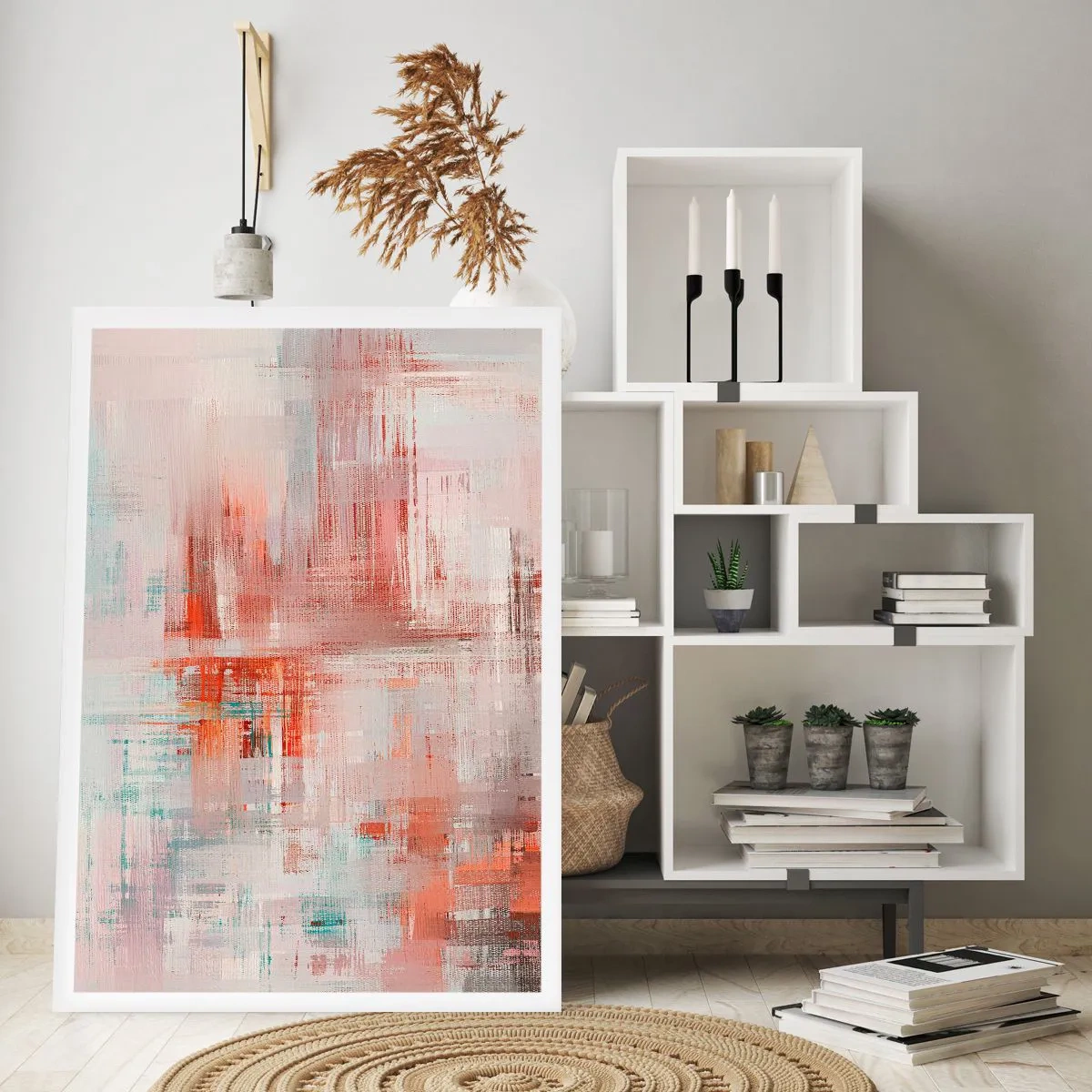 Affiche - Poster - Composition abstraite dans les tons de rouge et de bleu - 50x70cm - Brumeux. Mais rose - Décoration murale moderne pour le salon et la chambre ARTTOR