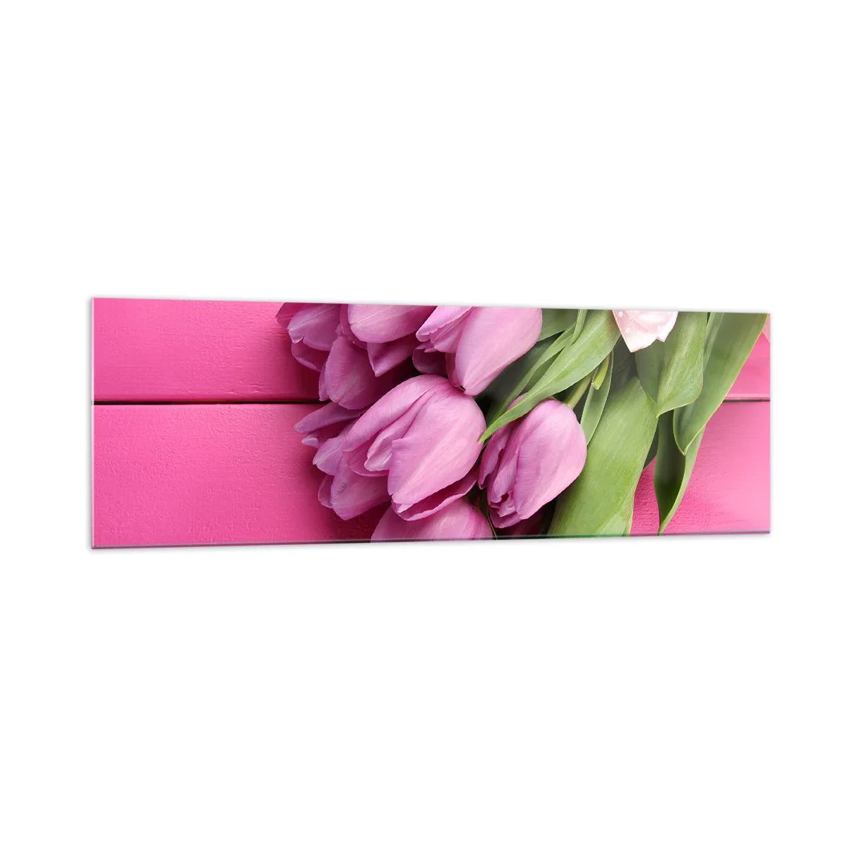 Impression sur verre - Image sur verre - Un bouquet de tulipes roses avec un nœud sur un fond rose - 160x50cm - Juste pour toi - Décoration murale moderne pour le salon et la chambre ARTTOR