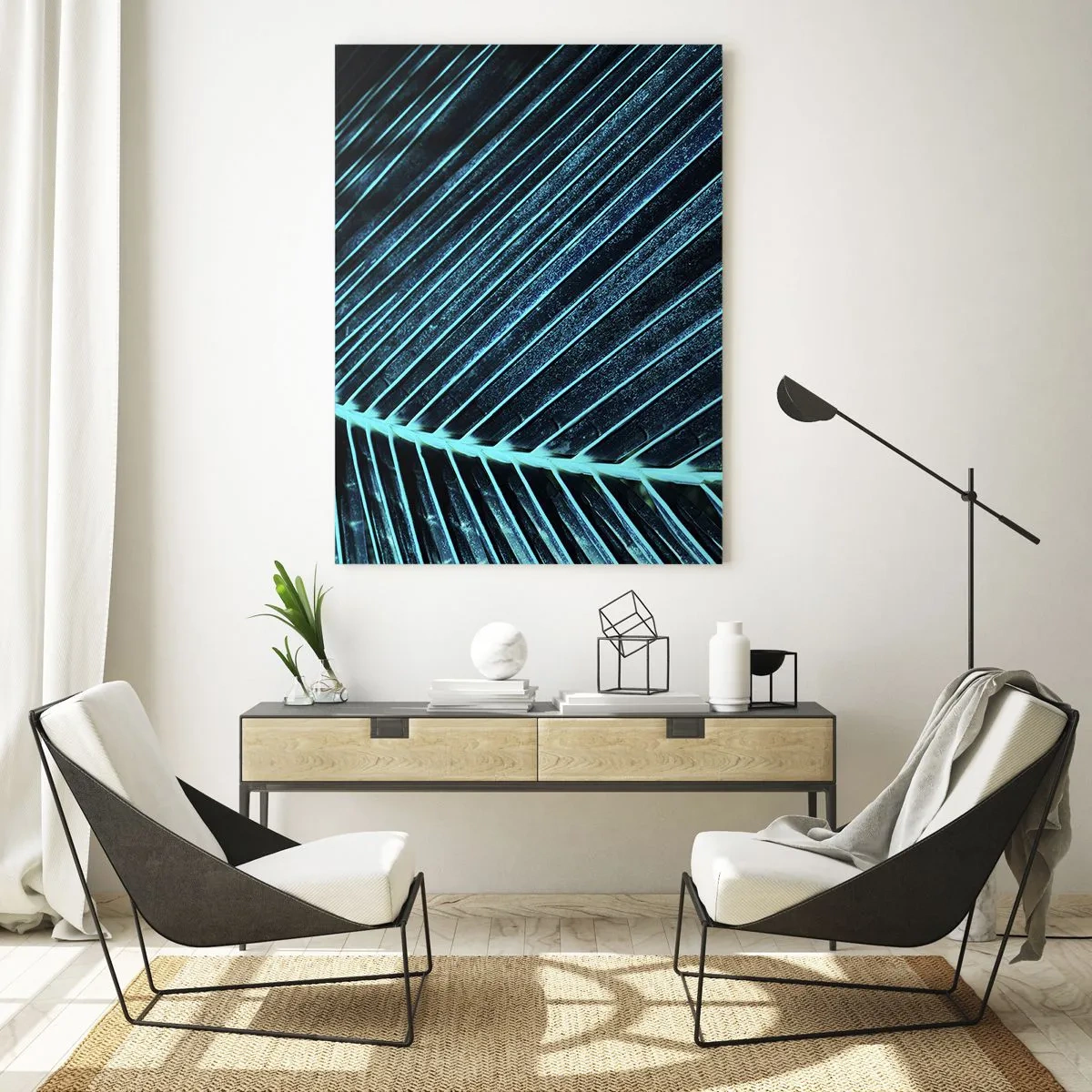 Impression sur verre - Image sur verre - Macrophotographie d'une feuille dans les tons turquoise et bleu marine - 80x120cm - Texture verte - Décoration murale moderne pour le salon et la chambre ARTTOR