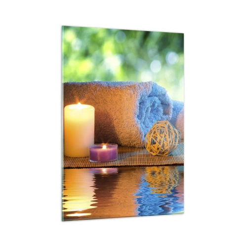 Impression sur verre - Image sur verre - Spa avec serviettes, bougies et pierres dans un décor naturel - 50x70cm - Temps pour le corps - Décoration murale moderne pour le salon et la chambre ARTTOR