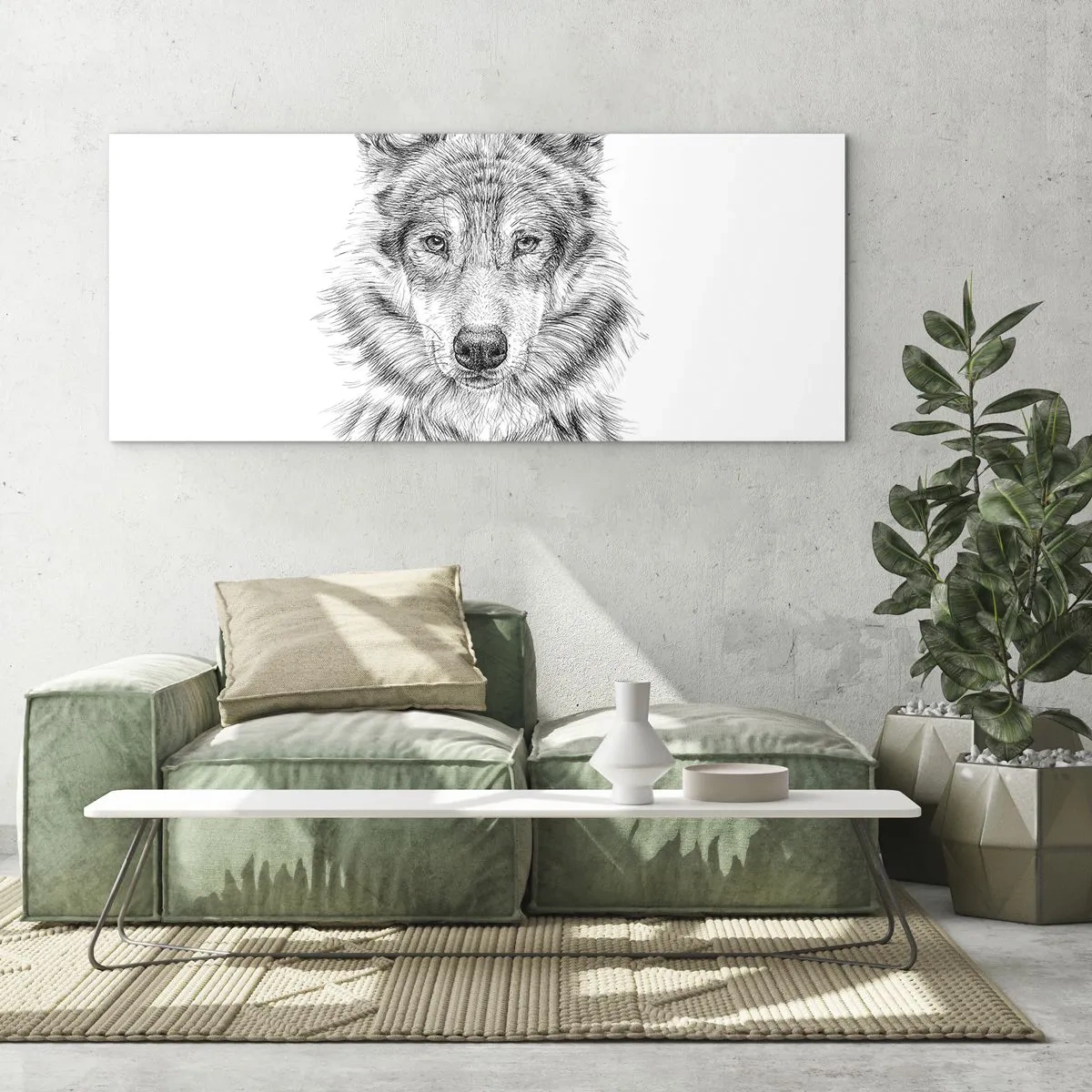 Impression sur verre - Image sur verre - Croquis d'une tête de loup dans un style monochrome sur fond blanc - 140x50cm - Un leader né - Décoration murale moderne pour le salon et la chambre ARTTOR