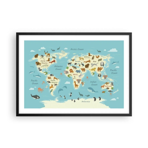 Affiche dans un cadre noir - Poster - Carte du monde avec des illustrations d'animaux - 70x50cm - De bons voisins - Décoration murale moderne pour le salon et la chambre ARTTOR