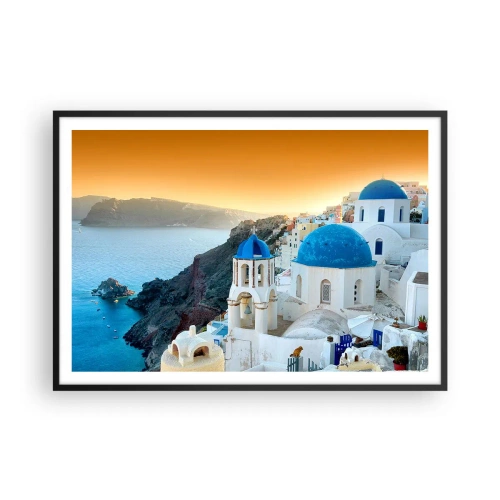 Affiche dans un cadre noir - Poster - Vue de Santorin avec des bâtiments blancs et une mer bleue - 100x70cm - Santorin - blotti contre les rochers - Décoration murale moderne pour le salon et la chambre ARTTOR