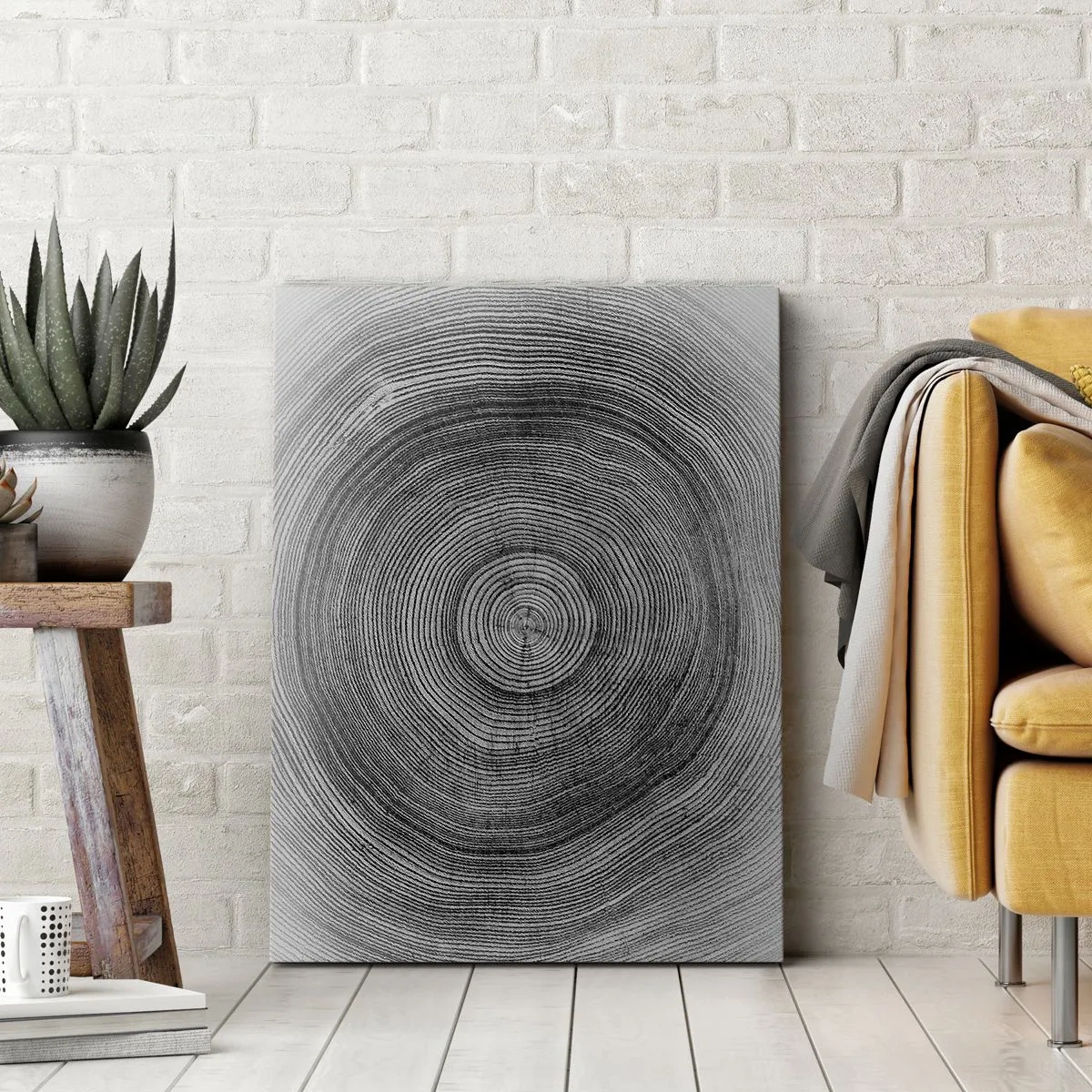 Impression sur toile - Image sur toile - Motif de cernes d'arbre noir et blanc montrant une coupe transversale du tronc - 50x70cm - Signe du temps - Décoration murale moderne pour le salon et la chambre ARTTOR