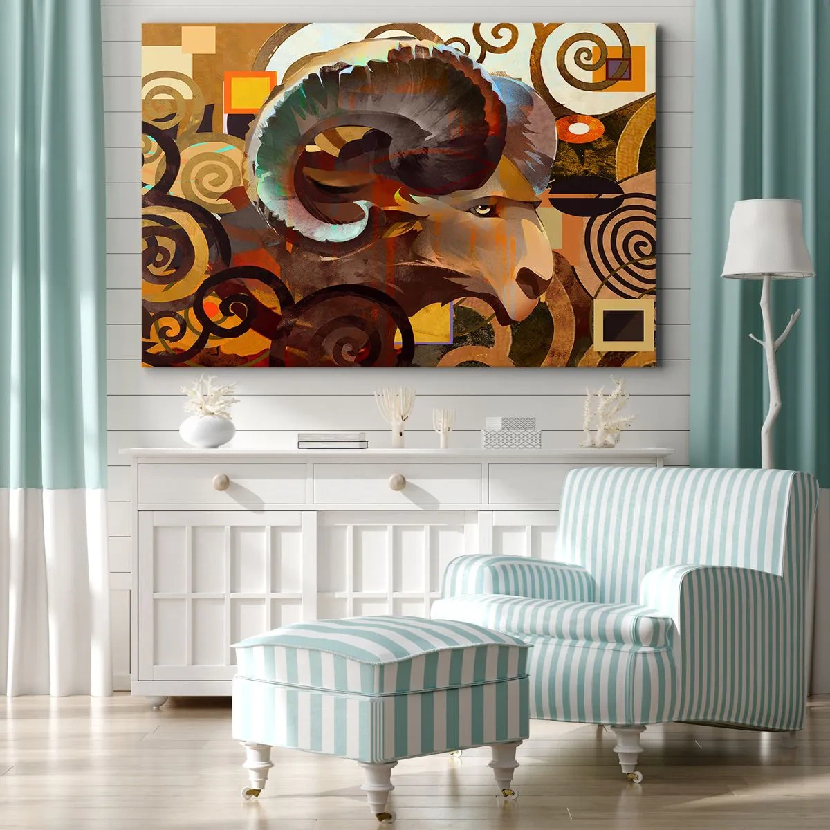 Impression sur toile - Image sur toile - Un bélier symbolique dans une composition abstraite - 100x70cm - Magie - religions - rituels - Décoration murale moderne pour le salon et la chambre ARTTOR