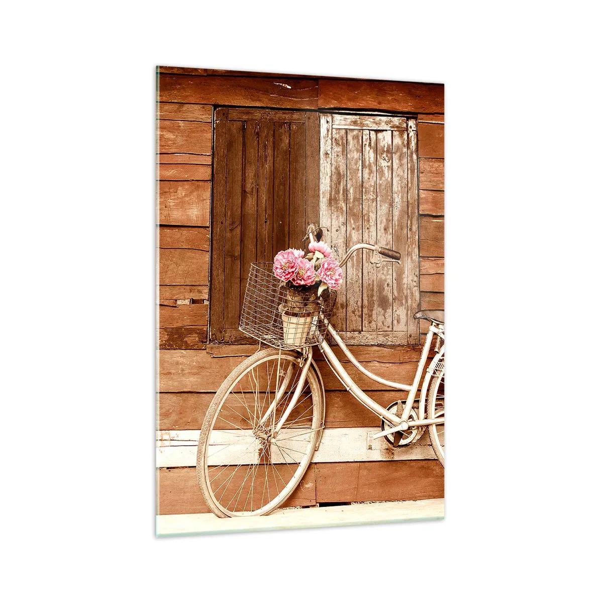 Impression sur verre - Image sur verre - Un vélo avec un panier rempli de roses contre un mur en bois - 70x100cm - Je reviens tout de suite - Décoration murale moderne pour le salon et la chambre ARTTOR