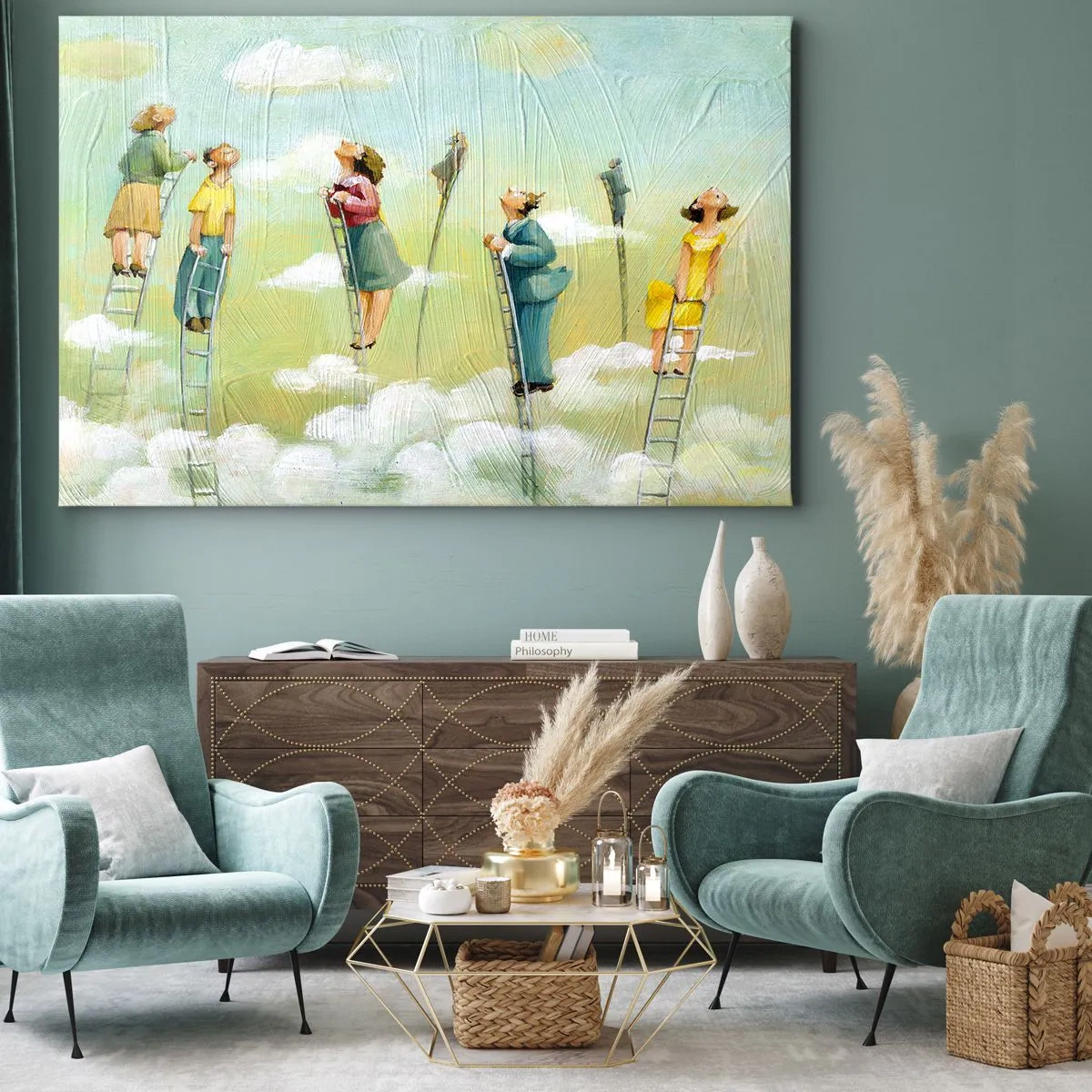Impression sur toile - Image sur toile - Personnages grimpant sur des échelles parmi des nuages sur un fond pastel. - 70x50cm - Derrière ton rêve - Décoration murale moderne pour le salon et la chambre ARTTOR