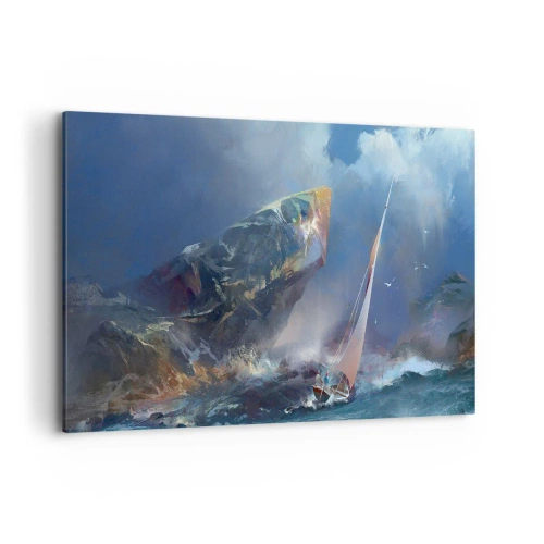 Impression sur toile - Image sur toile - Un voilier dans une tempête au pied d'un rocher massif - 120x80cm - Celui qui est courageux, gagne - Décoration murale moderne pour le salon et la chambre ARTTOR