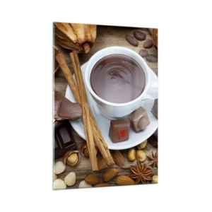 Impression sur verre - Image sur verre - Une tasse de chocolat chaud avec des garnitures sur un fond rustique - 50x70cm - D'une chocolaterie de conte de fées - Décoration murale moderne pour le salon et la chambre ARTTOR