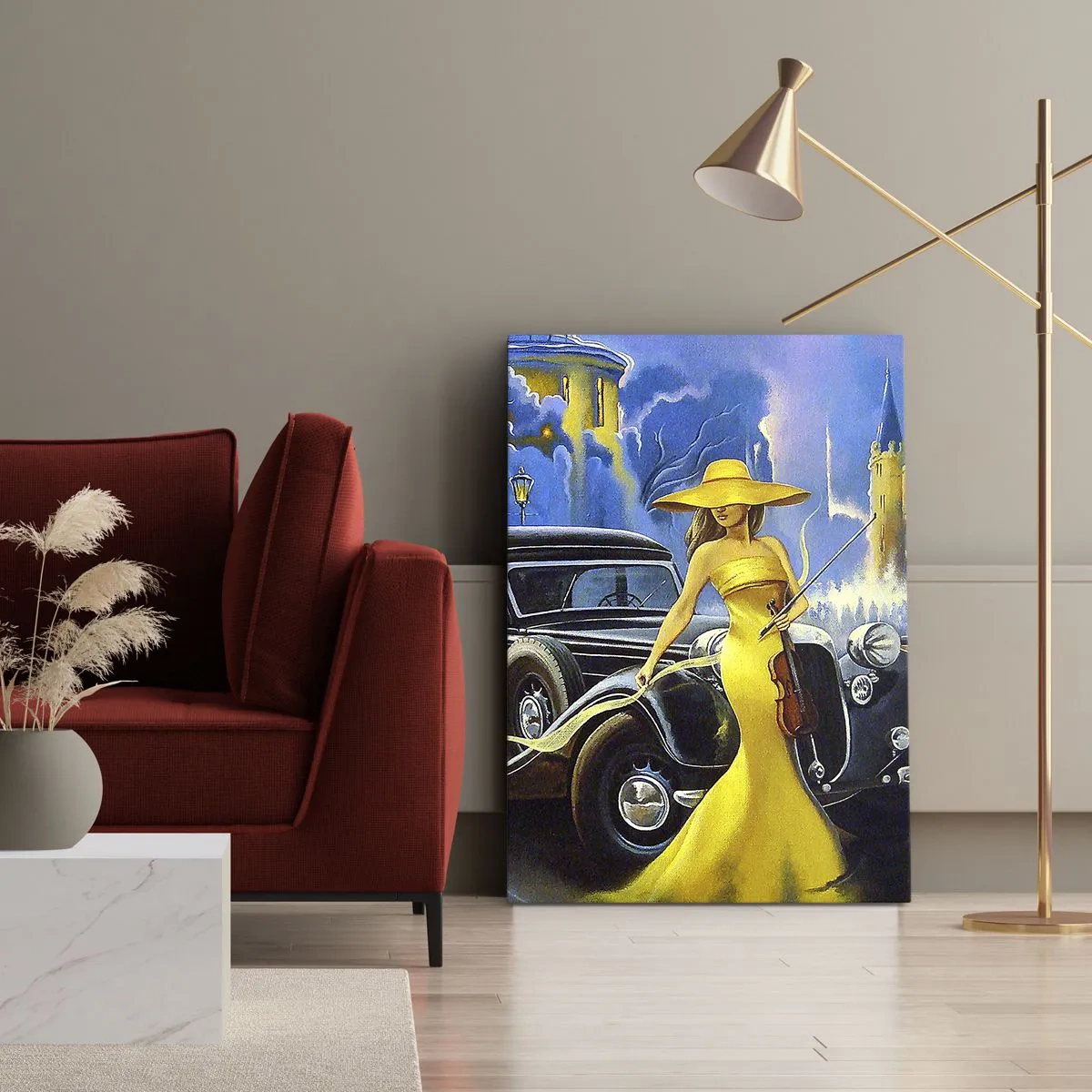 Impression sur toile - Image sur toile - Une femme en robe jaune avec un violon à côté d'une voiture rétro. - 80x120cm - Nocturne pour violon et amour - Décoration murale moderne pour le salon et la chambre ARTTOR