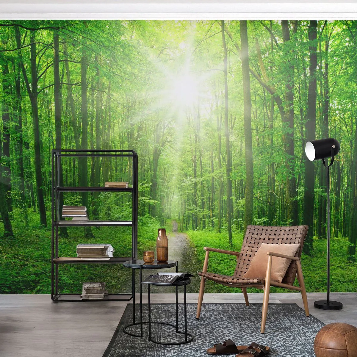 Papier Peint Photo Standard Eco - Forêt verte avec des rayons de soleil et un chemin à travers les arbres - 100x70cm - Cathédrale verte - Décoration murale moderne pour le salon et la chambre ARTTOR