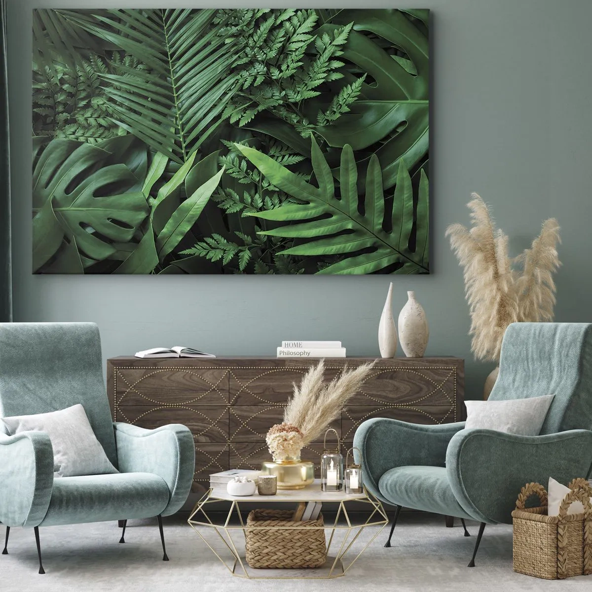 Impression sur toile - Image sur toile - Feuilles tropicales vertes dans une composition dense et naturelle - 120x80cm - Emmitouflé de verdure - Décoration murale moderne pour le salon et la chambre ARTTOR