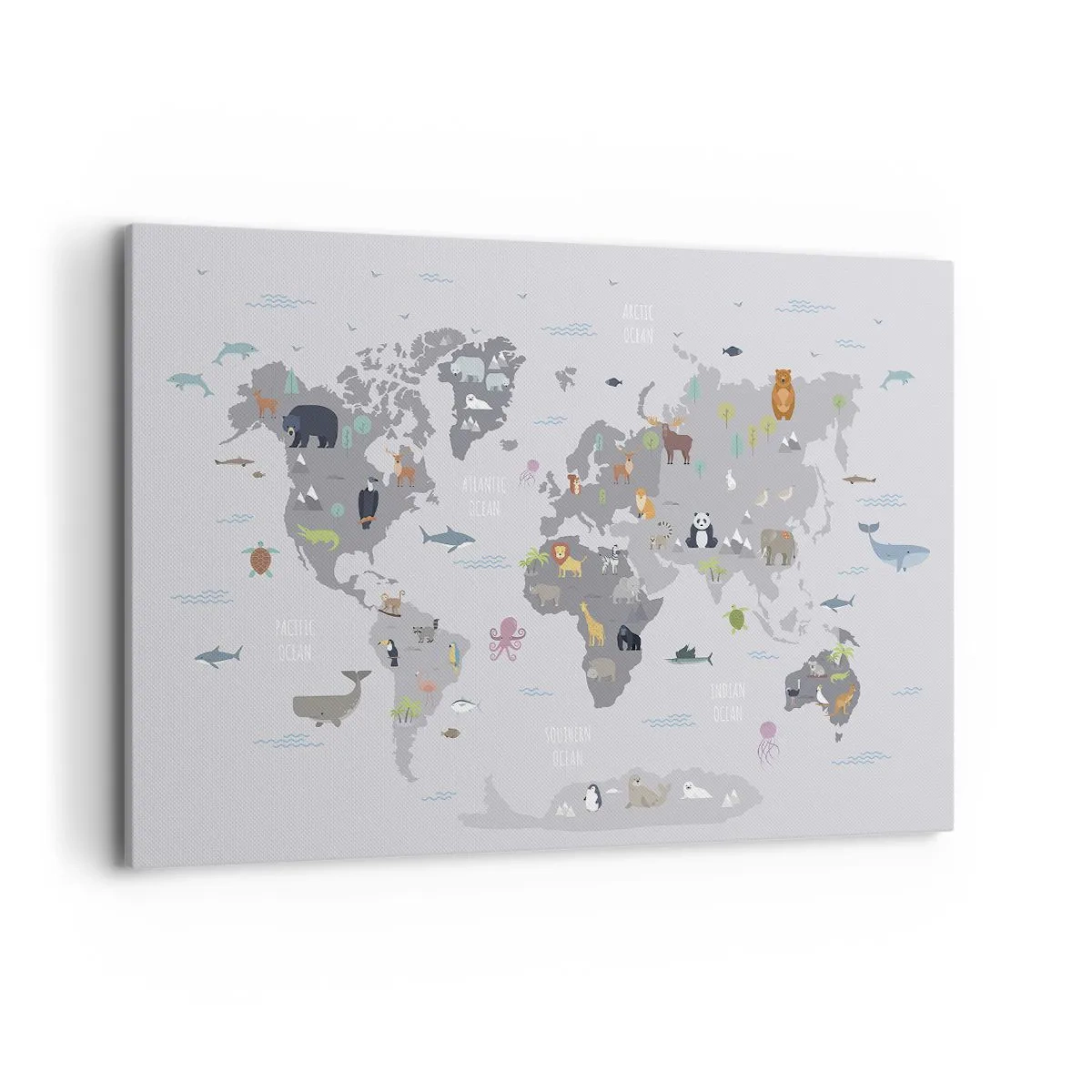 Impression sur toile - Image sur toile - Une carte du monde avec des illustrations d'animaux sur fond gris - 120x80cm - Dis-moi d'où tu viens... - Décoration murale moderne pour le salon et la chambre ARTTOR