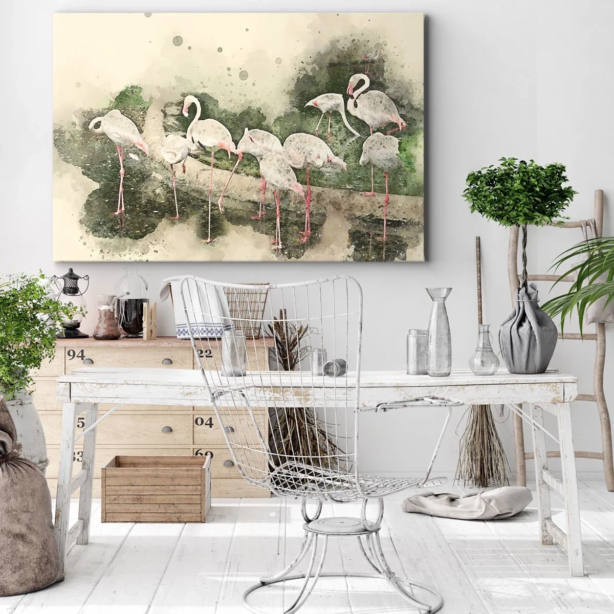 Impression sur toile - Image sur toile - Flamants roses dans leur environnement naturel dans un style aquarelle - 100x70cm - Rêve exotique - Décoration murale moderne pour le salon et la chambre ARTTOR