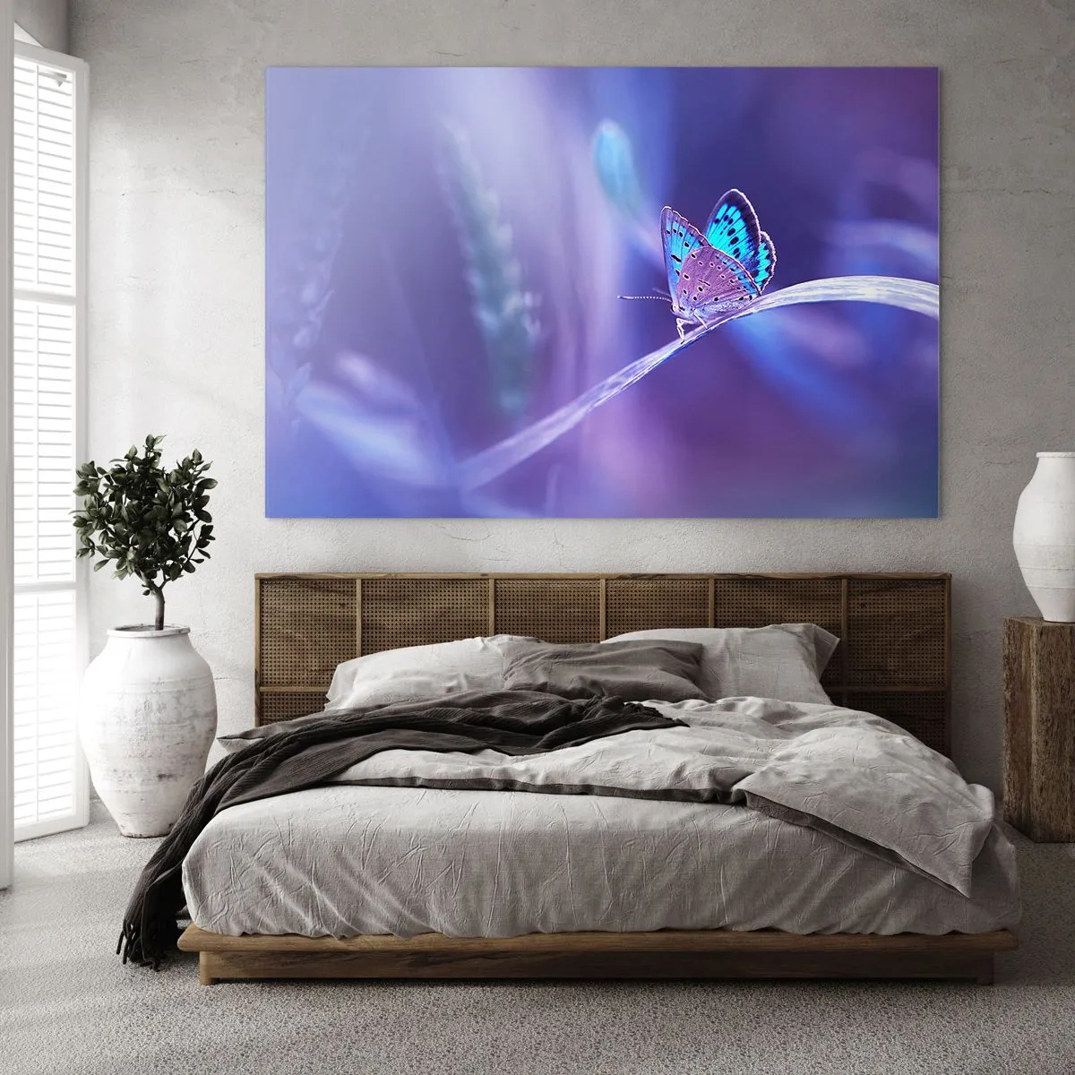 Impression sur verre - Image sur verre - Papillon sur fond de lumière violette - 120x80cm - Un joyau de la nature - Décoration murale moderne pour le salon et la chambre ARTTOR