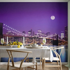 Papier Peint Photo Premium Sand - Lumières de grande ville en violet - Ville, New York, le pont de Brooklyn - 150x105 cm