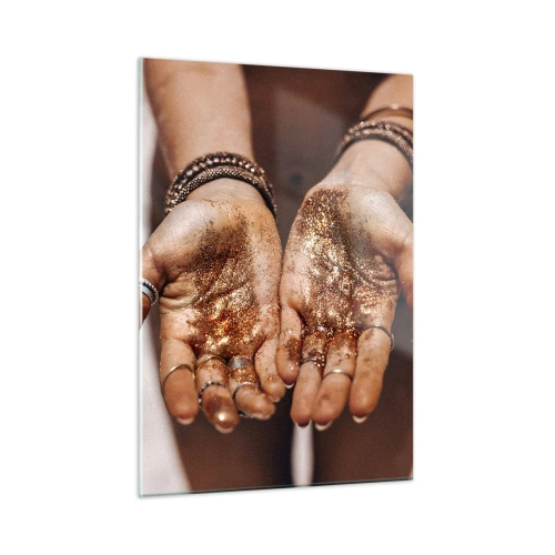 Impression sur verre - Image sur verre - Mains ouvertes avec des paillettes dans une lumière chaude - 50x70cm - Un don pour vous - Décoration murale moderne pour le salon et la chambre ARTTOR