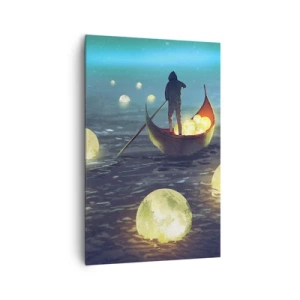 Impression sur toile - Image sur toile - Une silhouette dans un bateau entourée de boules lumineuses sur l'eau - 80x120cm - Des choses dont les philosophes n'ont jamais rêvé - Décoration murale moderne pour le salon et la chambre ARTTOR
