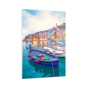 Impression sur verre - Image sur verre - Vue nocturne des Cinque Terre avec ses bâtiments colorés - 50x70cm - Soirée colorée au port - Décoration murale moderne pour le salon et la chambre ARTTOR