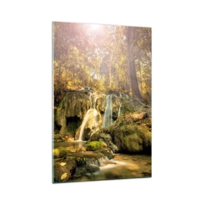 Impression sur verre - Image sur verre - Une cascade forestière sous les rayons du soleil, entourée de verdure - 80x120cm - Cascade de forêt en vert - Décoration murale moderne pour le salon et la chambre ARTTOR