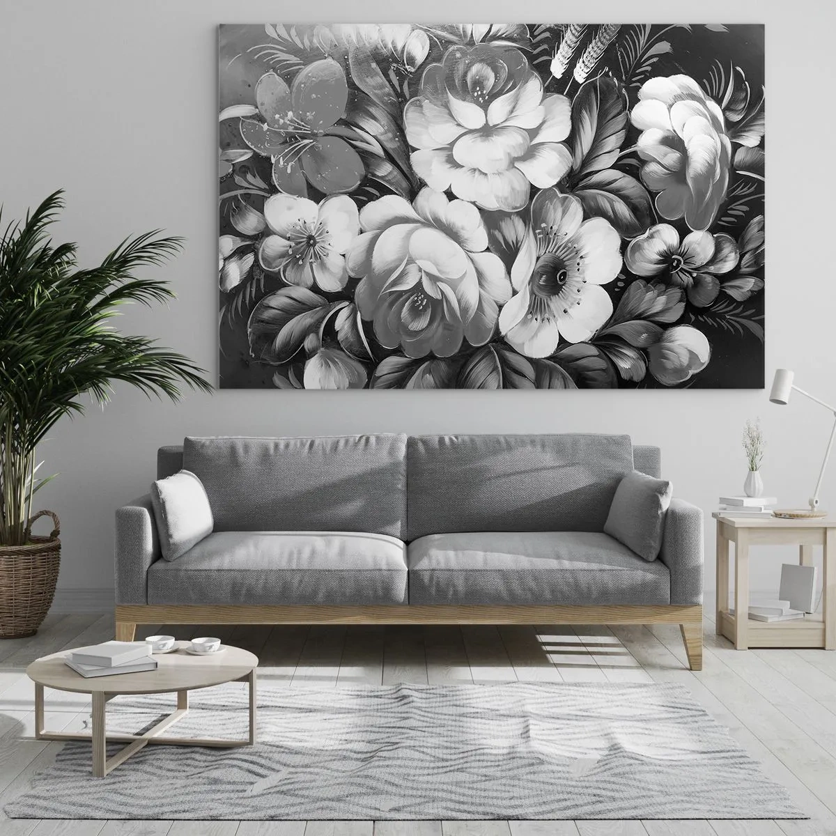 Impression sur verre - Image sur verre - Un élégant bouquet de fleurs dans des tons de gris - 100x70cm - Belle même en gris - Décoration murale moderne pour le salon et la chambre ARTTOR